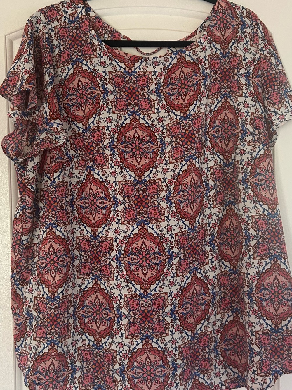 LOFT Pink Medallion Print Ruffle Sleeve Blouse with Blue Accents
